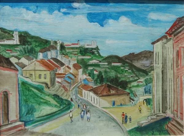 Alberto da Veiga Guignard — Bairro de Ouro Preto, 1956, óleo sobre madeira, 26 × 34 cm, assinado no canto inferior direito, com certificado