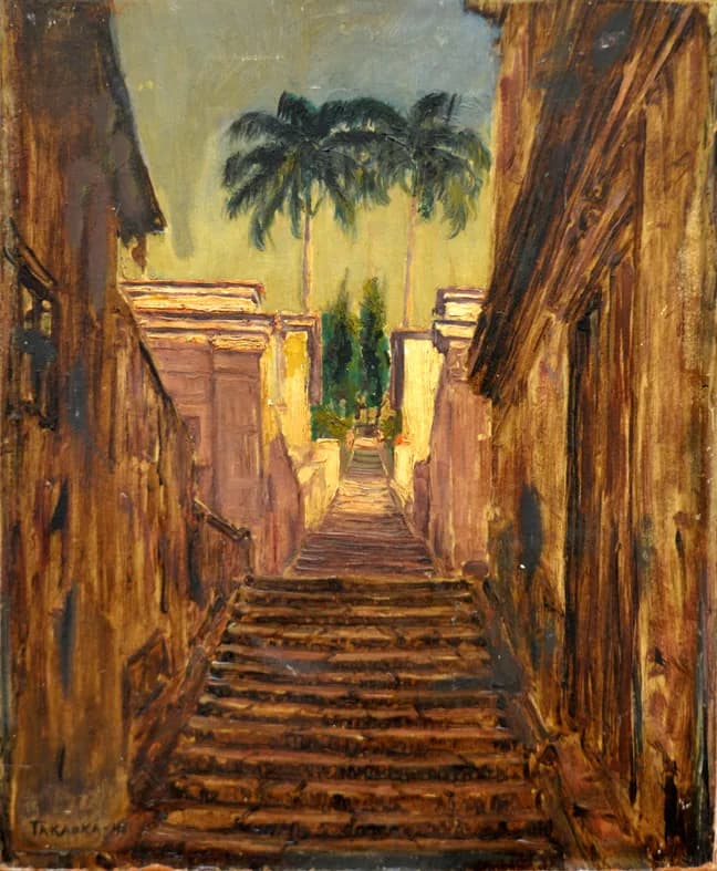 Yoshiya Takaoka — Escadaria, óleo sobre madeira, 48,5 × 39 cm, assinada no canto inferior esquerdo