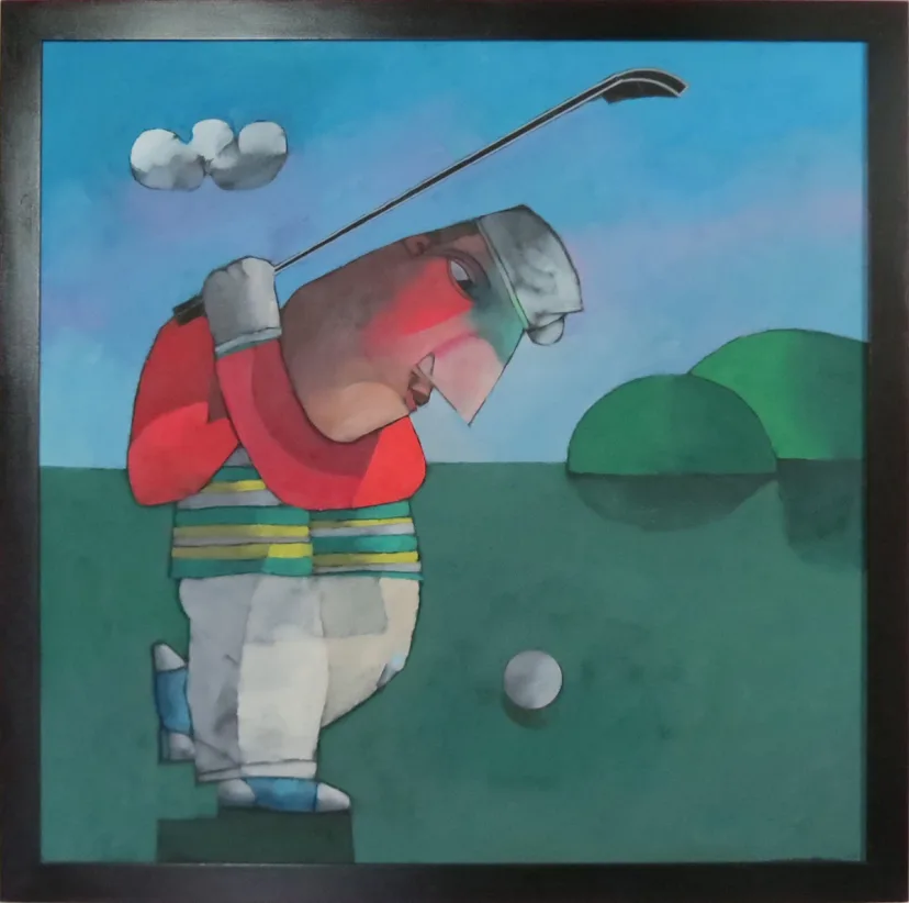 Inos Corradin — Golfista, óleo sobre tela, 79 × 79 cm, assinado no canto inferior direito